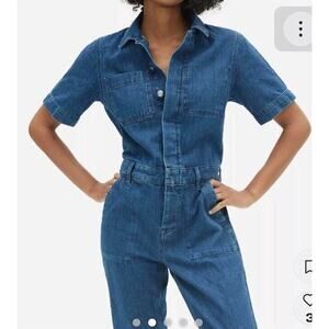 Everlane Denim Jumpsuit Women Sz 16 Blue Super Soft Coverall Collared Button Up